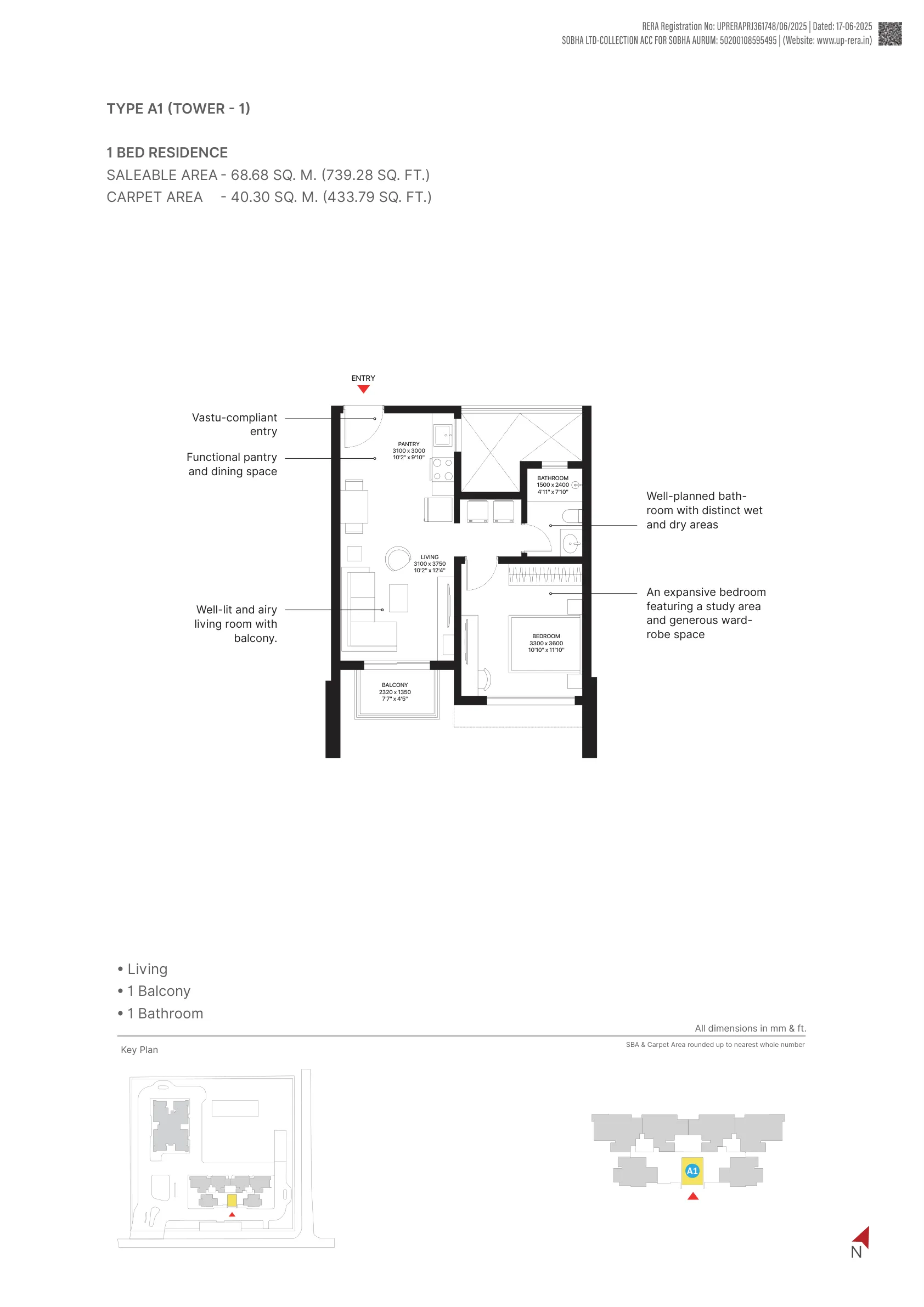 1 Bed Residence, Type A1, Tower 1 (739 sq. ft.) floor plan, Sobha Aurum