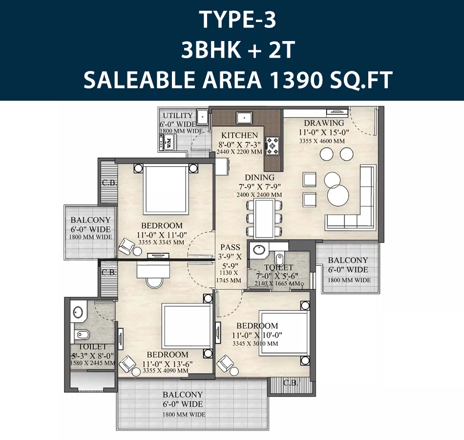 3 BHK + 2T, 1,390 sq. ft. floor plan, Irish Platinum