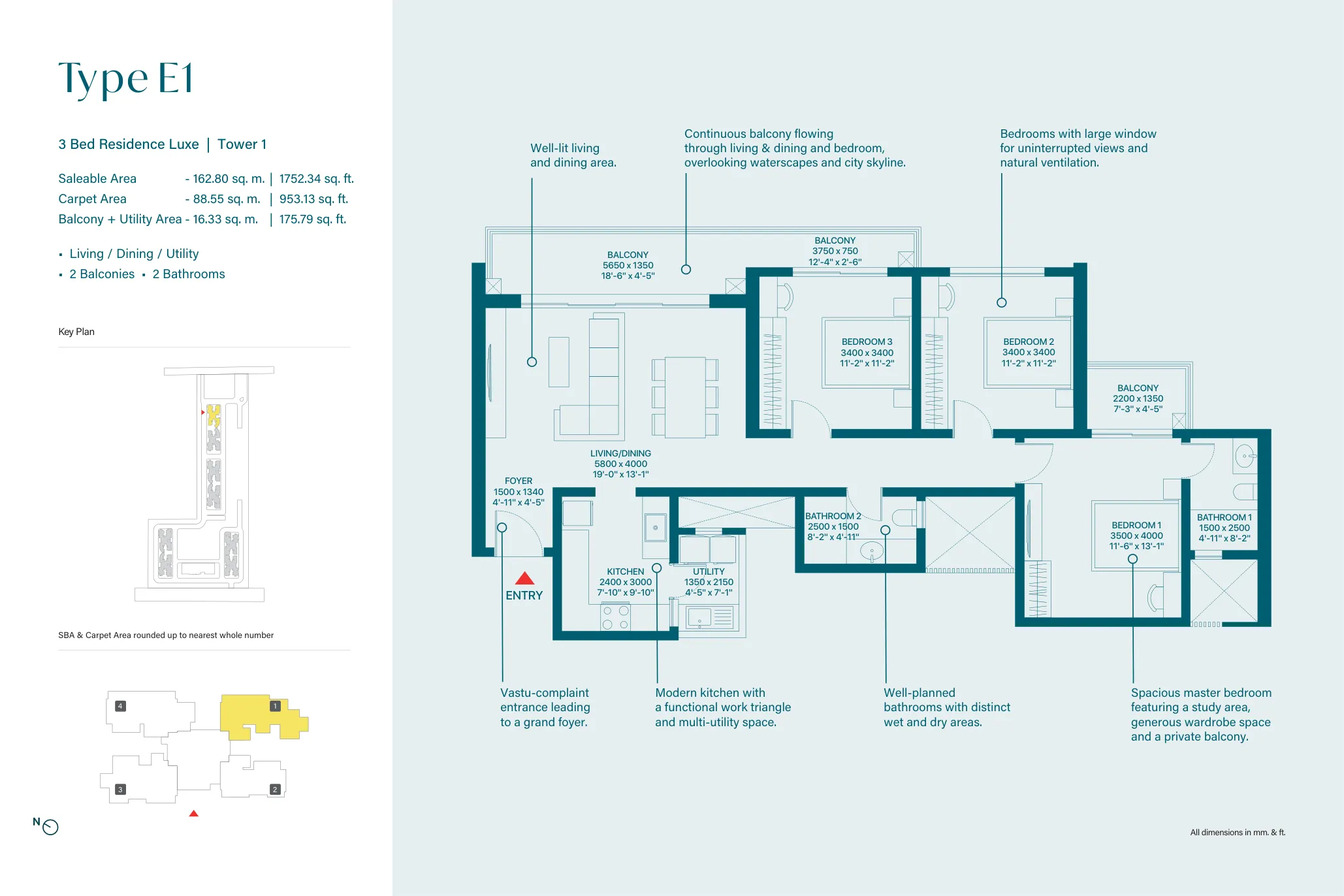 3 Bed Residence Luxe, Type E1, Tower 1 (1,752 sq. ft.) floor plan, Sobha Rivana