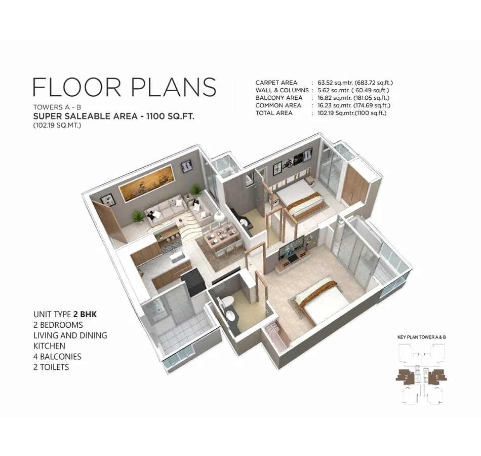 2 BHK + 2T, 1,100 sq. ft. floor plan, Irish Pearls