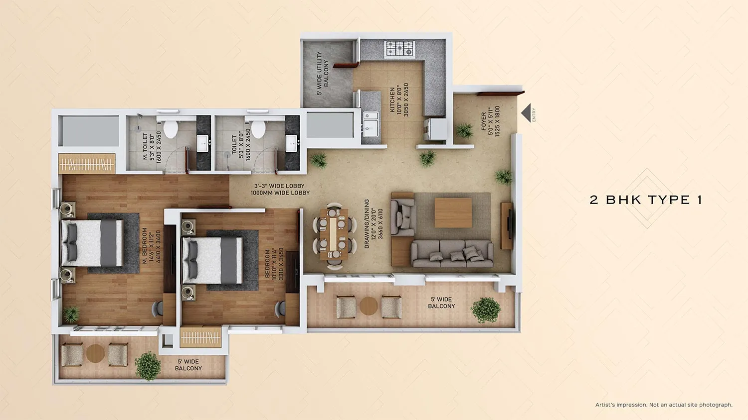 2 BHK Type 1, 125.42 sq. mtr. floor plan, ACE Starlit