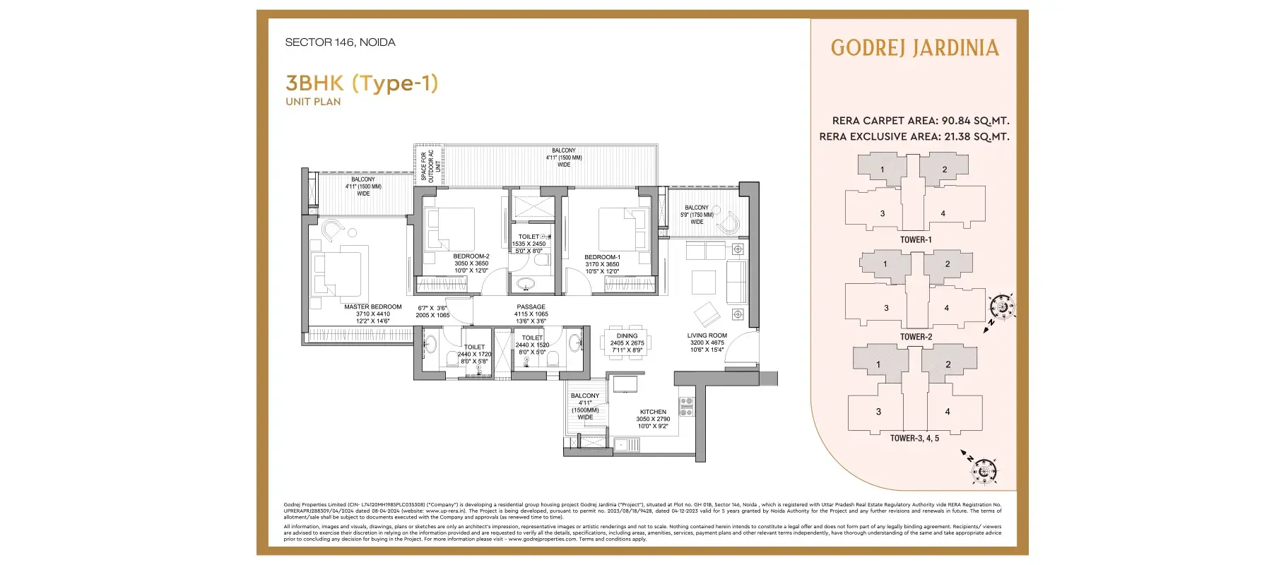 3BHK (Type-1) floor plan, Godrej Jardinia