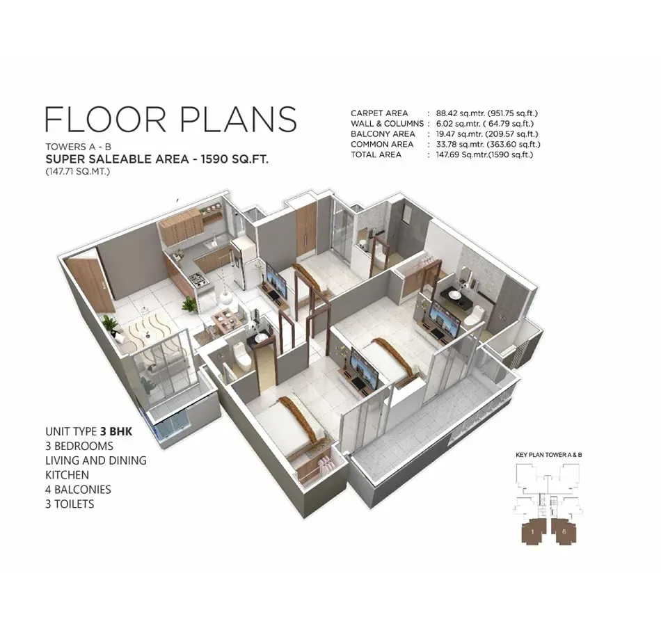 3 BHK + 3T, 1,590 sq. ft. floor plan, Irish Pearls