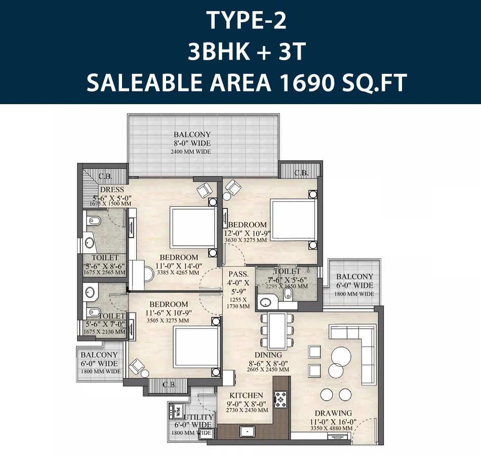 3 BHK + 3T, 1,690 sq. ft. floor plan, Irish Platinum