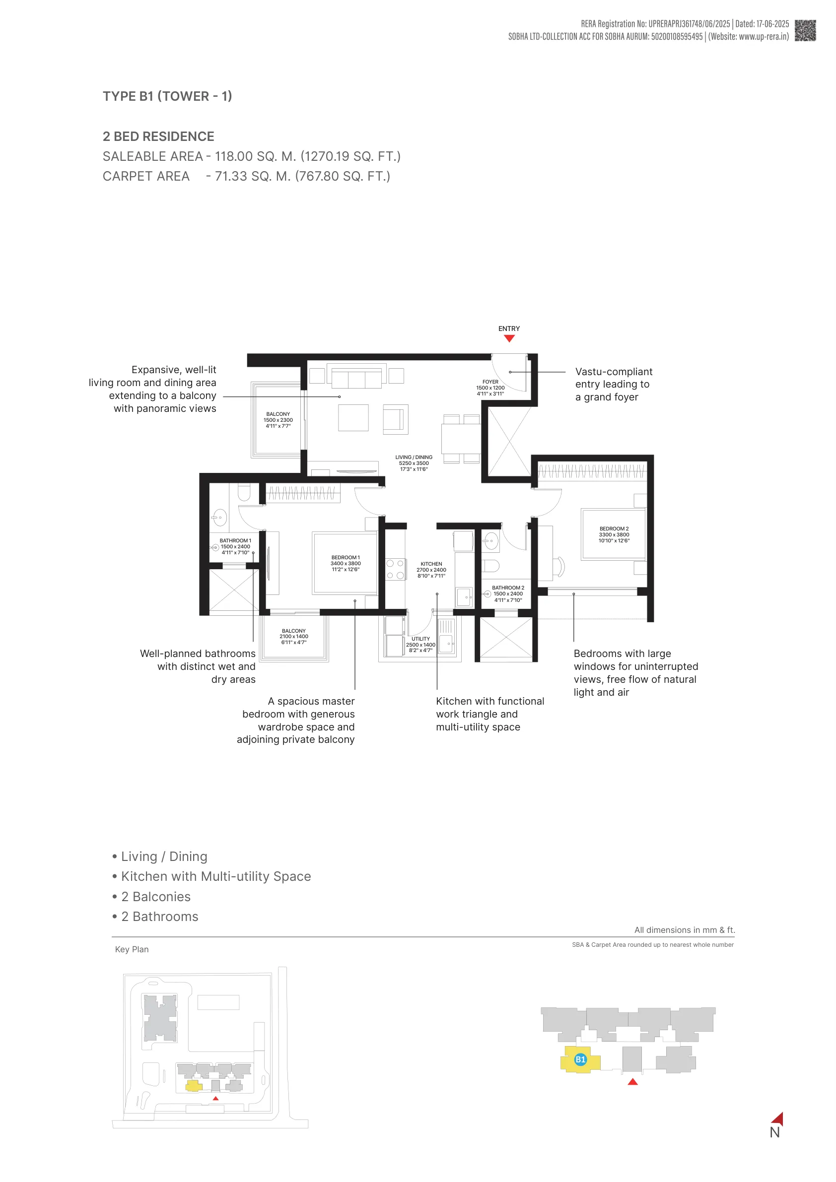 2 Bed Residence, Type B1, Tower 1 (1,270 sq. ft.) floor plan, Sobha Aurum