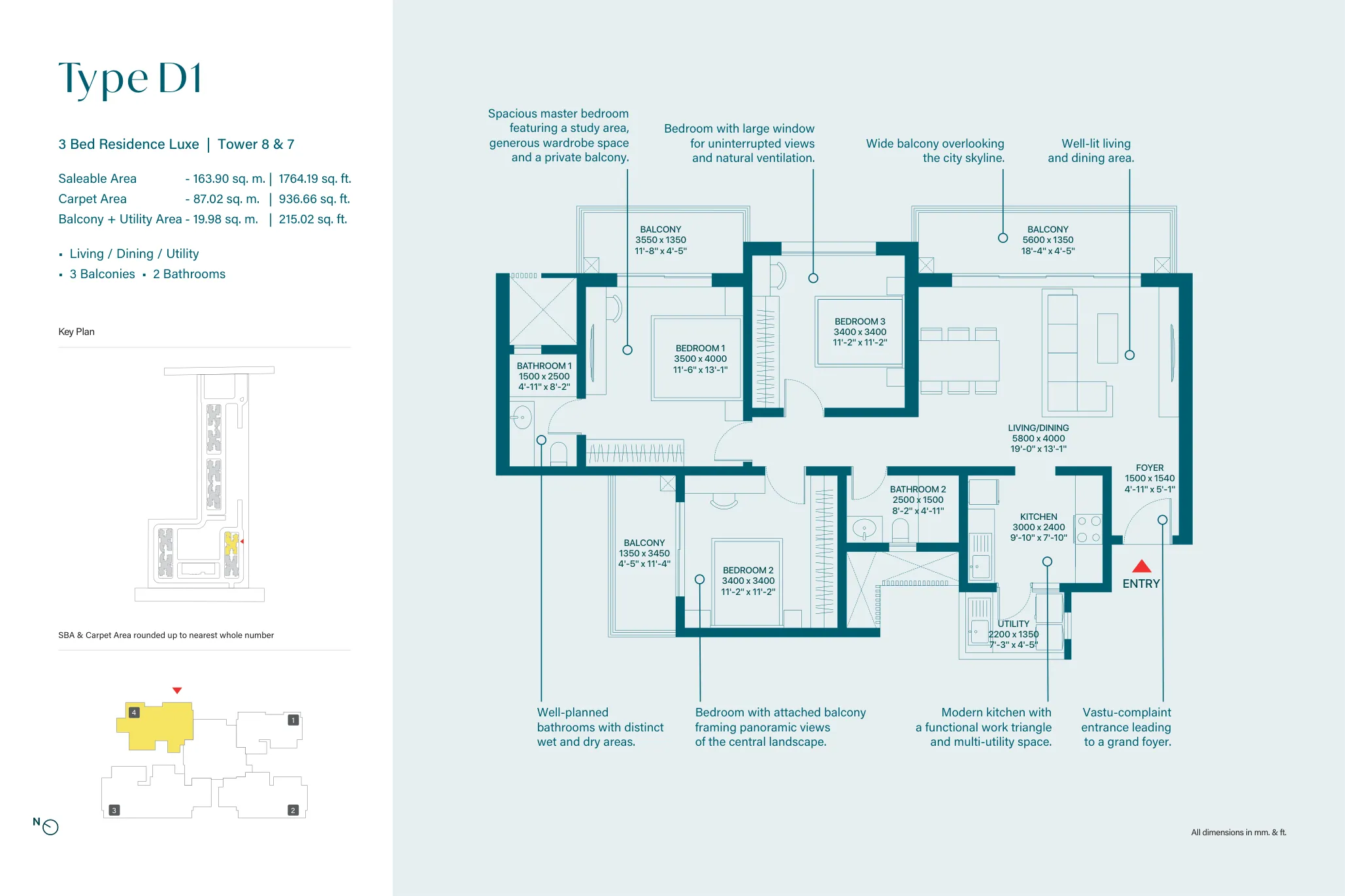 3 Bed Residence Luxe, Type D1, Towers 7 & 8 (1,764 sq. ft.) floor plan, Sobha Rivana
