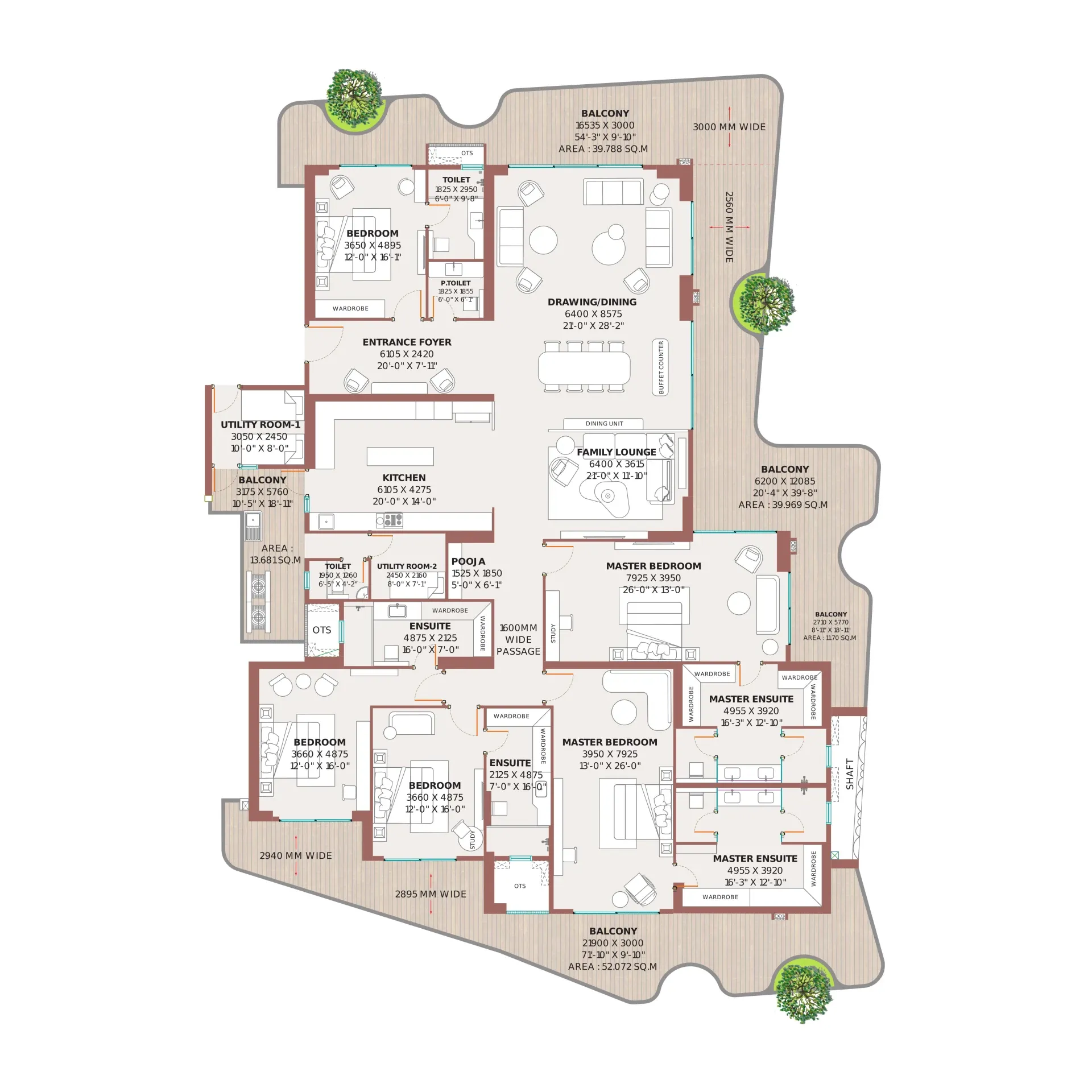 Tower A, 5 BHK + 6T + 2 Utility (6,417 sq. ft. super area) floor plan, Clove County
