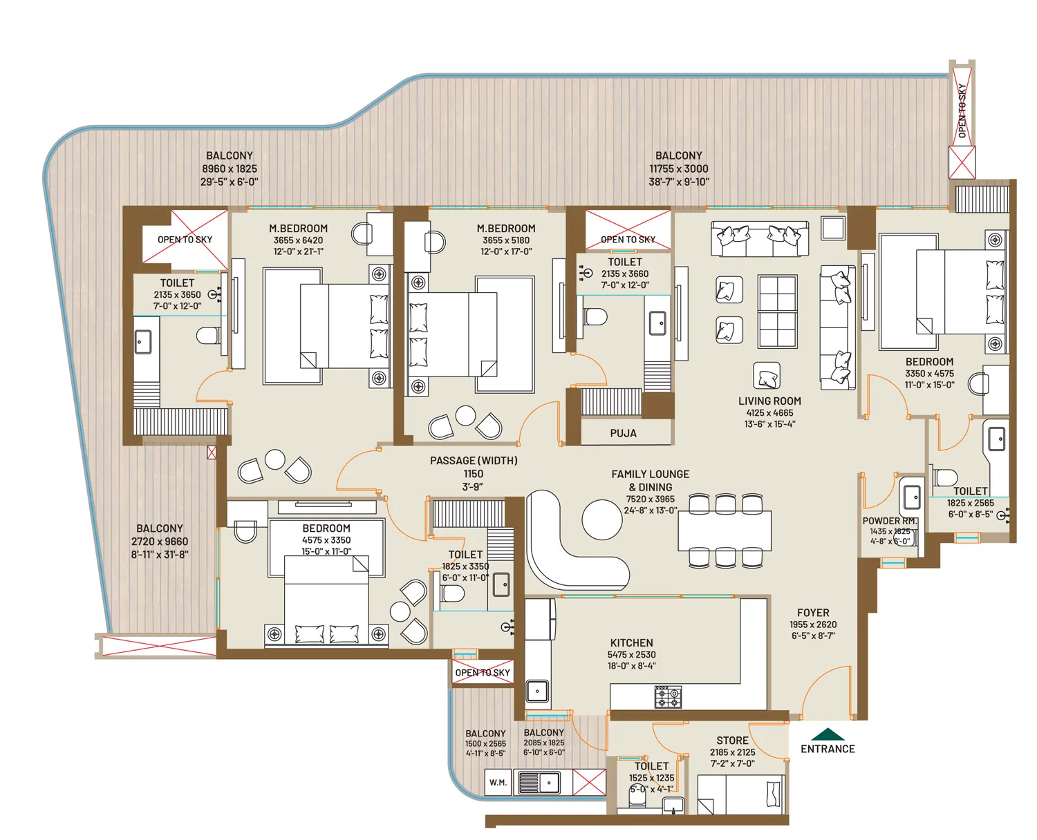 Type B, 4 BHK + 4T + U (3,555 sq. ft.) floor plan, Jade County