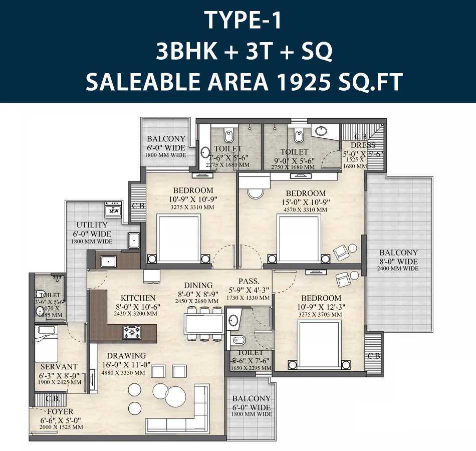 3 BHK + 3T + SQ, 1,925 sq. ft. floor plan, Irish Platinum