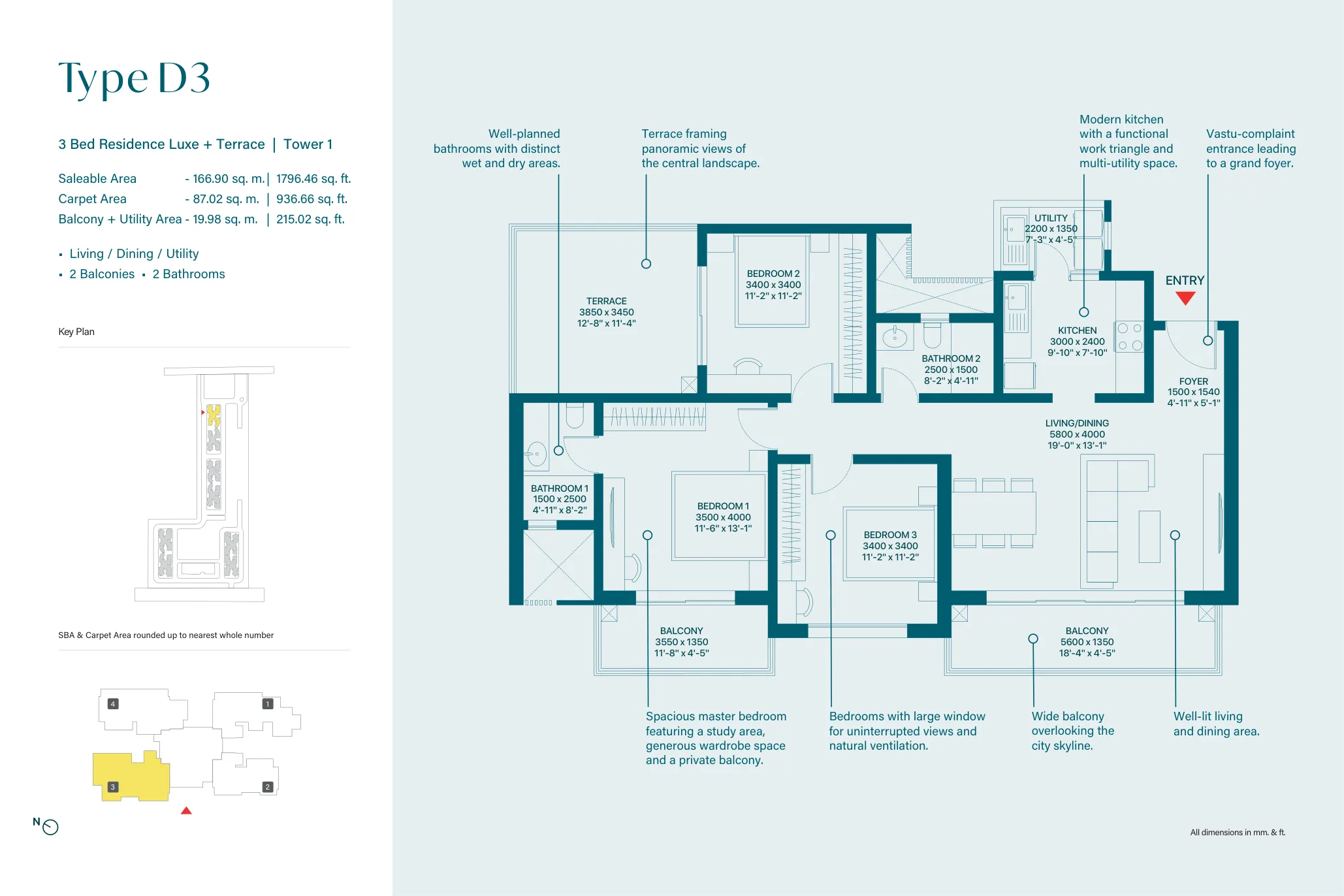 3 Bed Residence Luxe + Terrace, Type D3, Tower 1 (1,796 sq. ft.) floor plan, Sobha Rivana