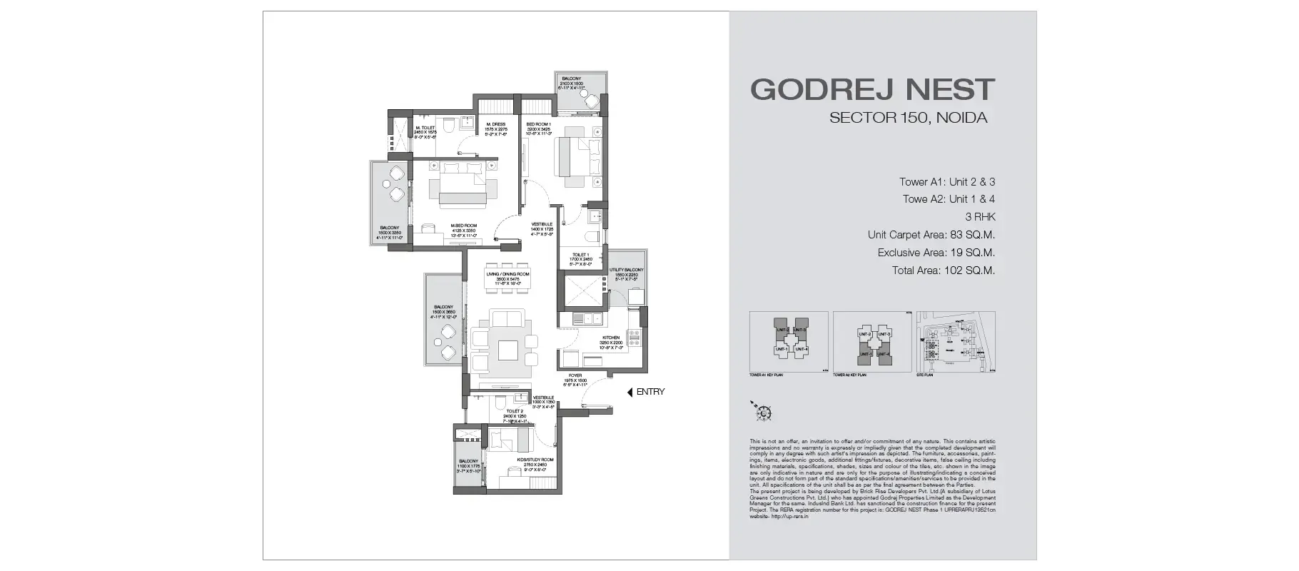 3 BHK floor plan, Godrej Nest