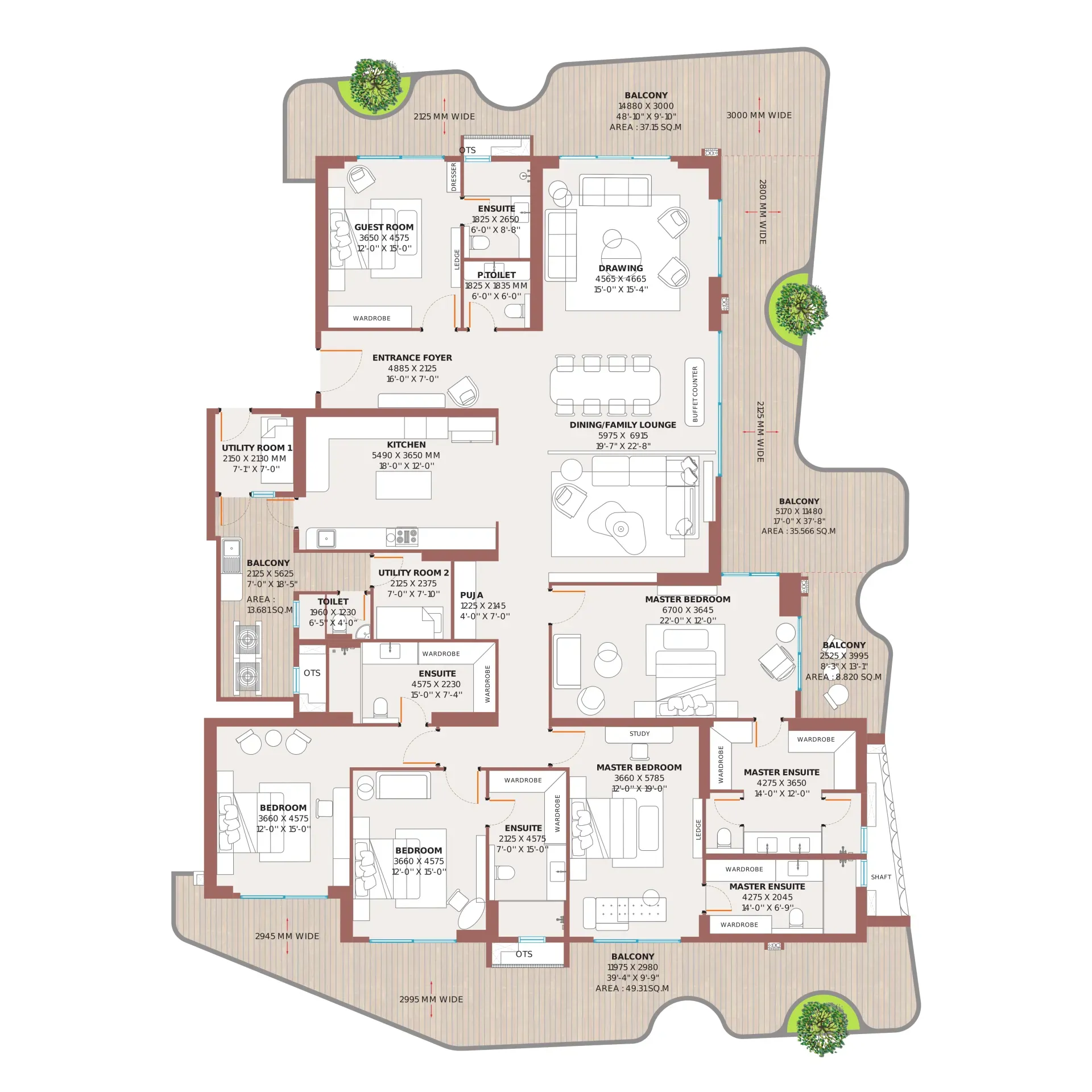 Tower B, 5 BHK + 6T + 2 Utility (5,310 sq. ft. super area) floor plan, Clove County