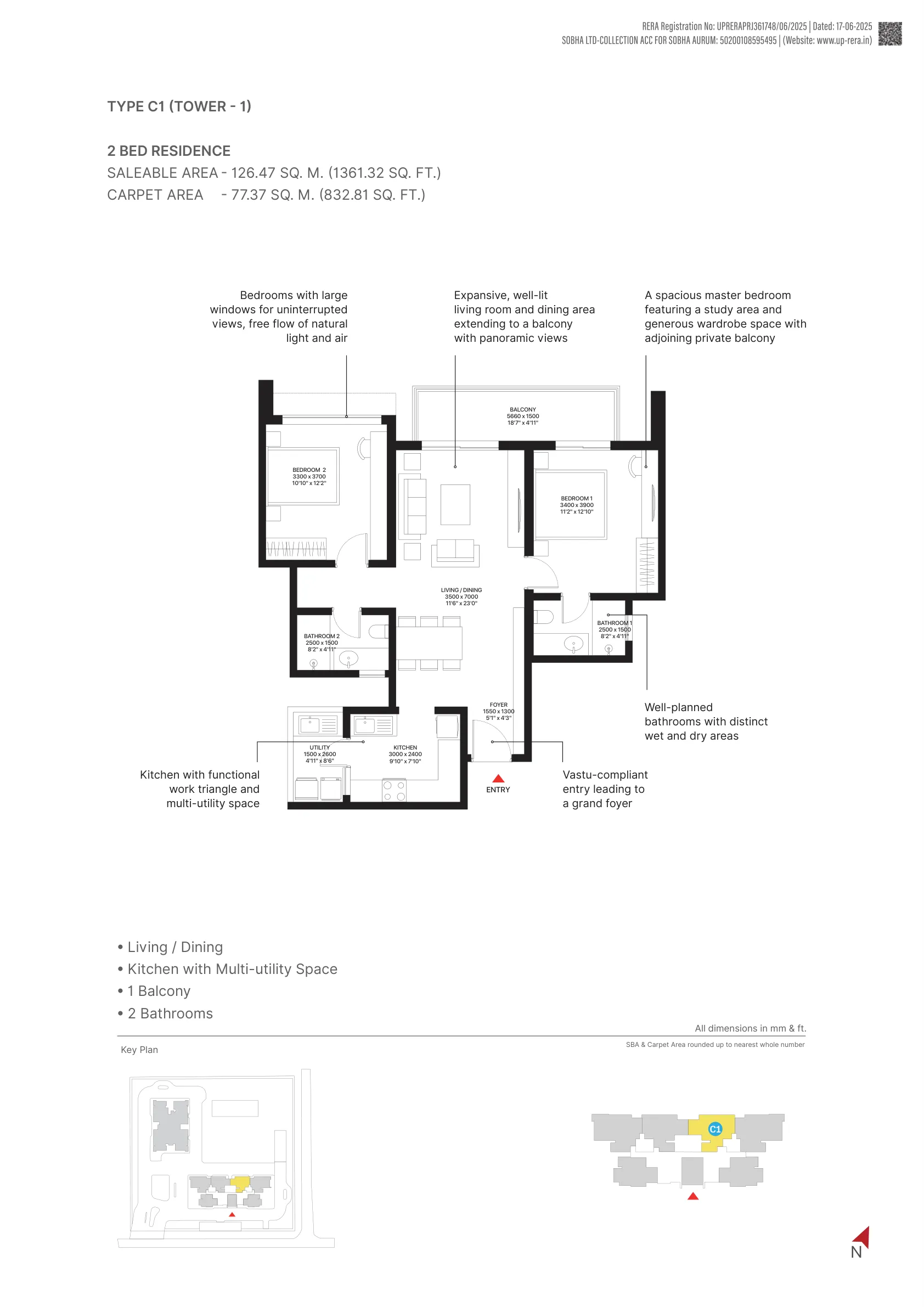 2 Bed Residence, Type C1, Tower 1 (1,361 sq. ft.) floor plan, Sobha Aurum