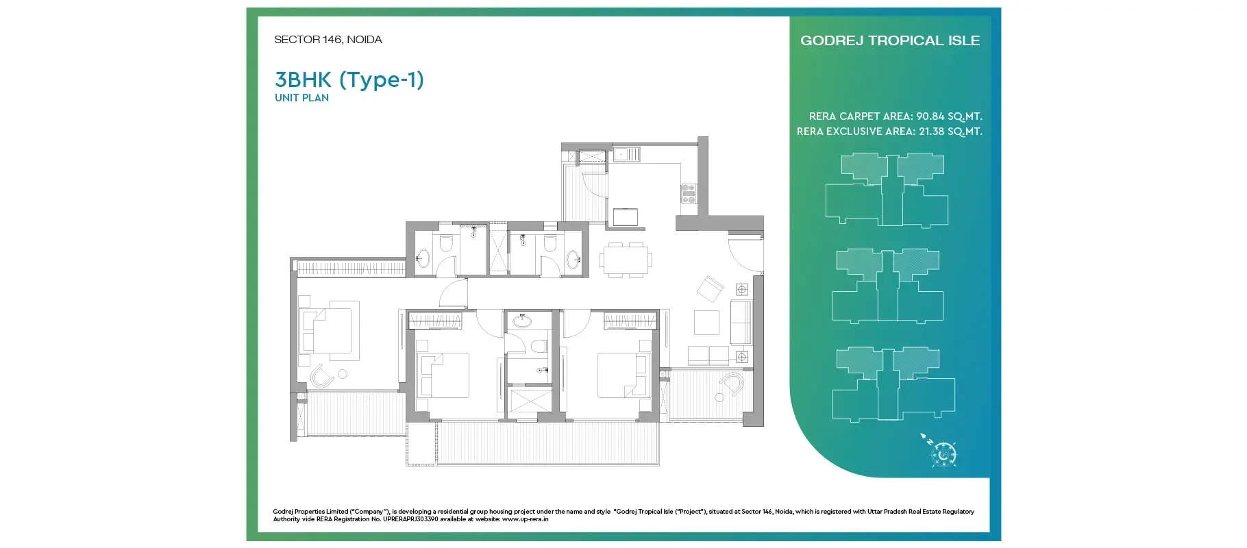 3BHK (Type-1) floor plan, Godrej Tropical Isle