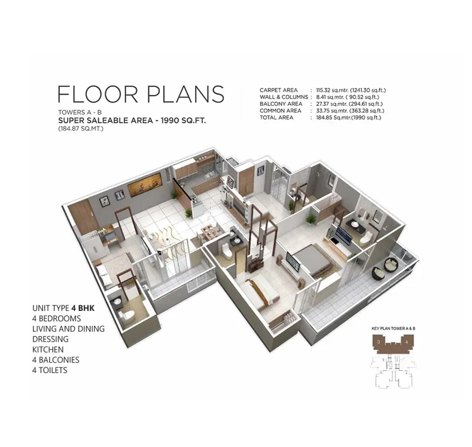 4 BHK + 4T, 1,990 sq. ft. floor plan, Irish Pearls