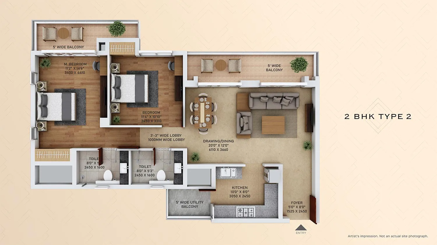 2 BHK Type 2, 125.42 sq. mtr. floor plan, ACE Starlit