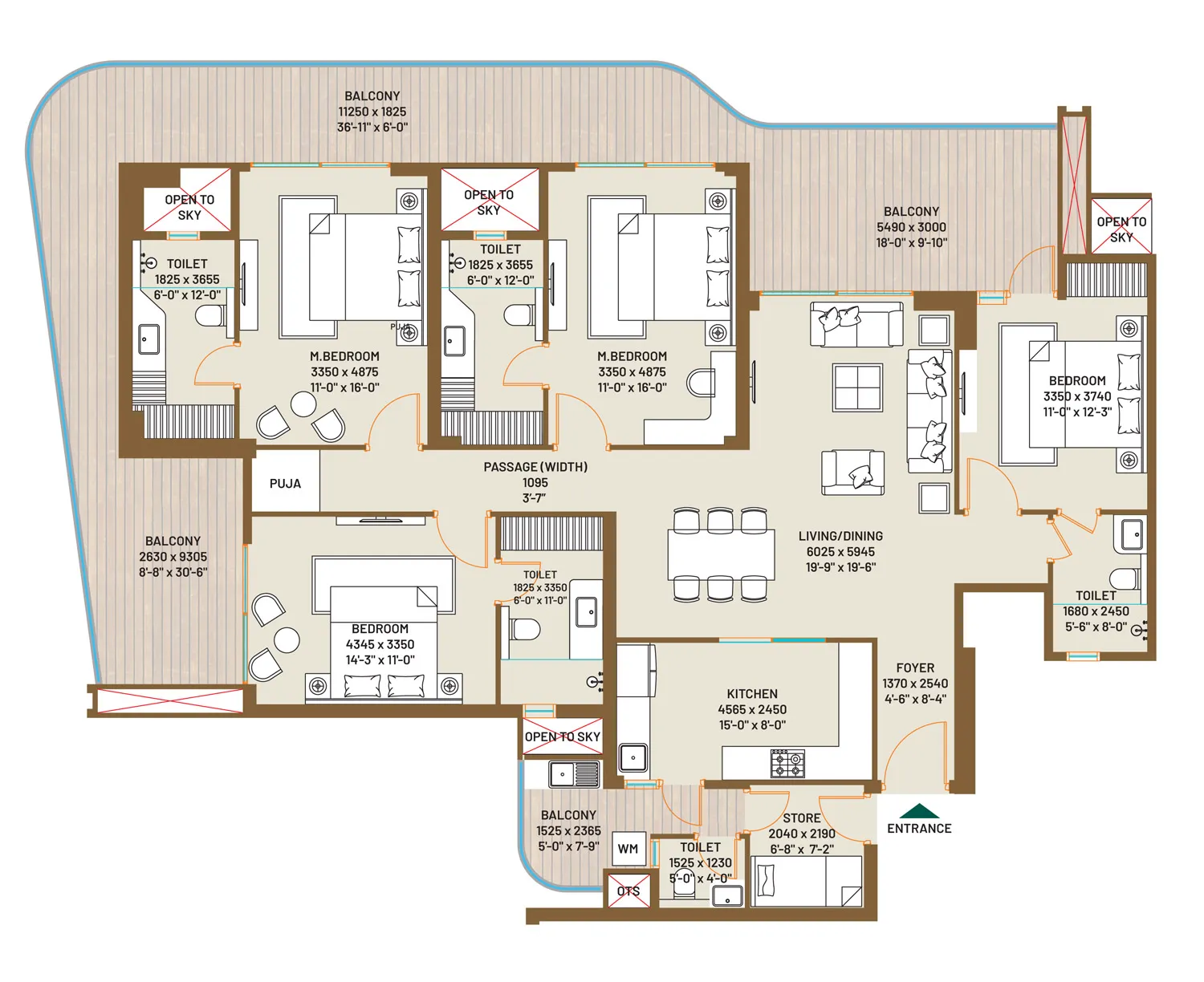 Type C, 4 BHK + 4T + U (2,898 sq. ft.) floor plan, Jade County