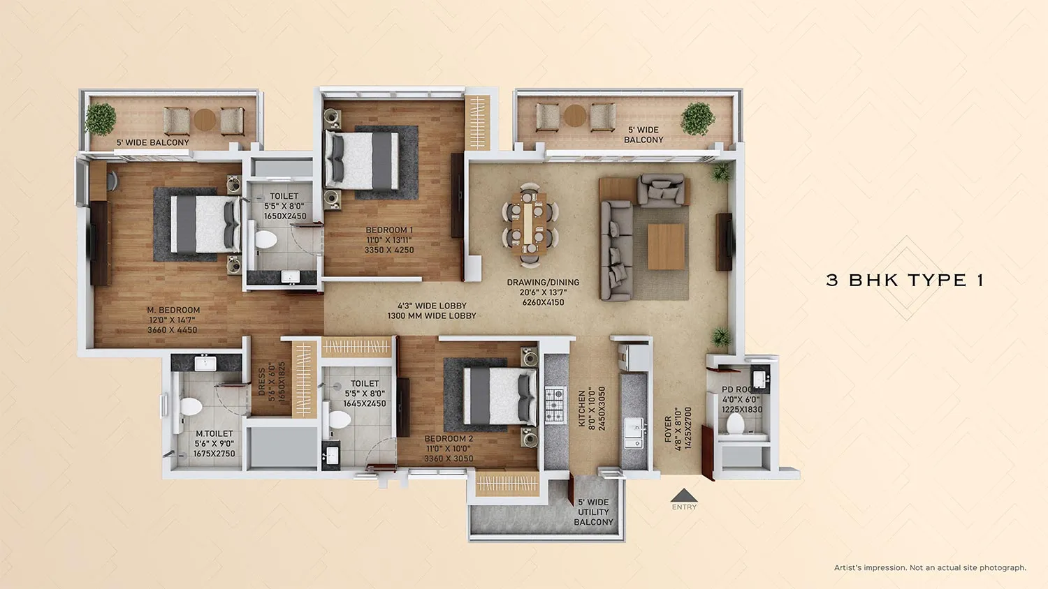 3 BHK Type 1, 164.90 sq. mtr. floor plan, ACE Starlit