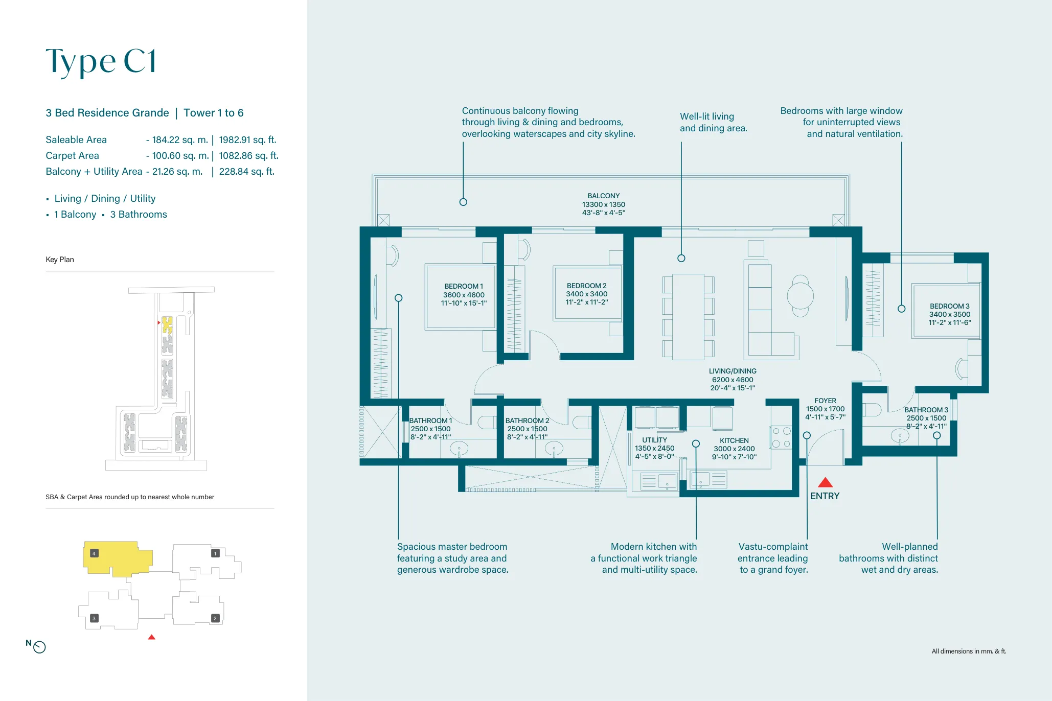 3 Bed Residence Grande, Type C1, Towers 1 to 6 (1,983 sq. ft.) floor plan, Sobha Rivana