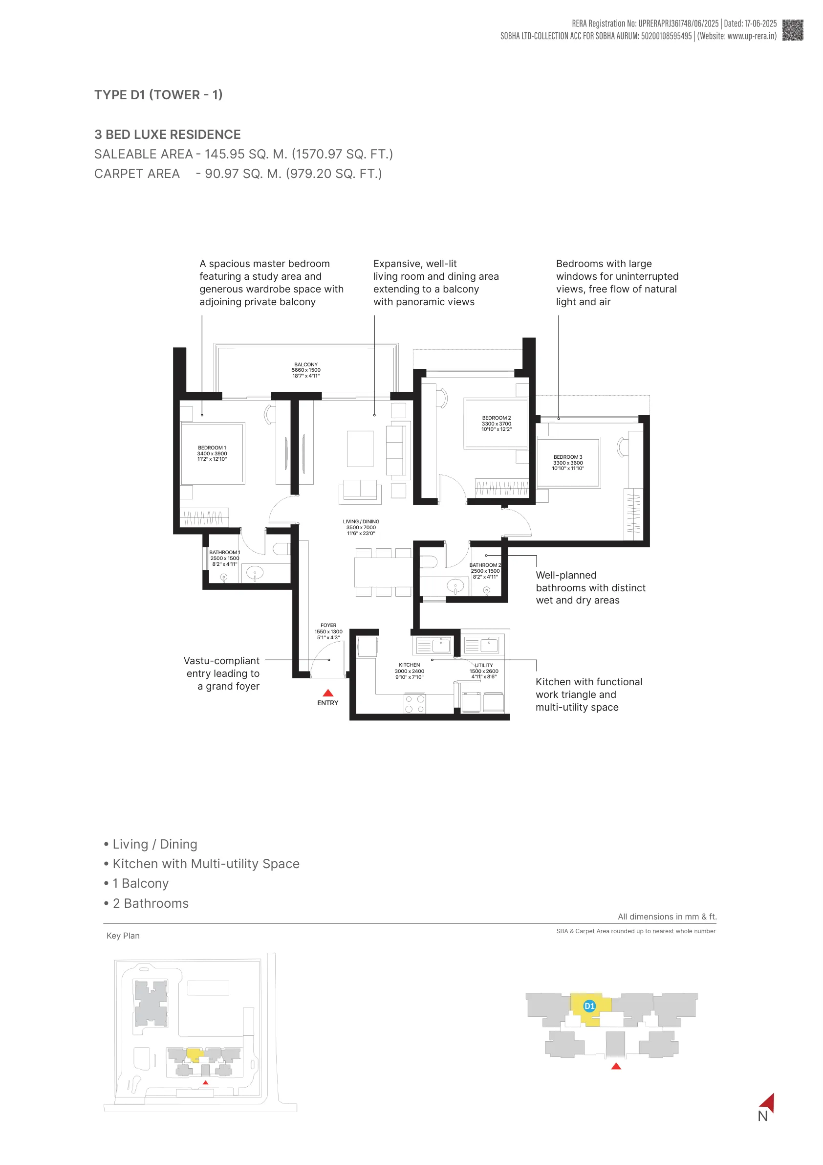 3 Bed Luxe Residence, Type D1, Tower 1 (1,571 sq. ft.) floor plan, Sobha Aurum