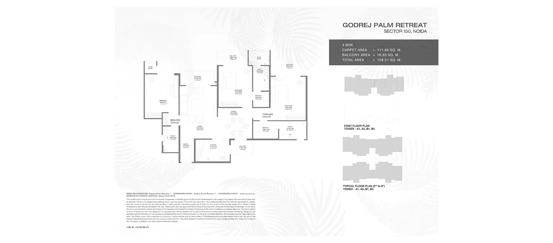 3 BHK floor plan, Godrej Palm Retreat
