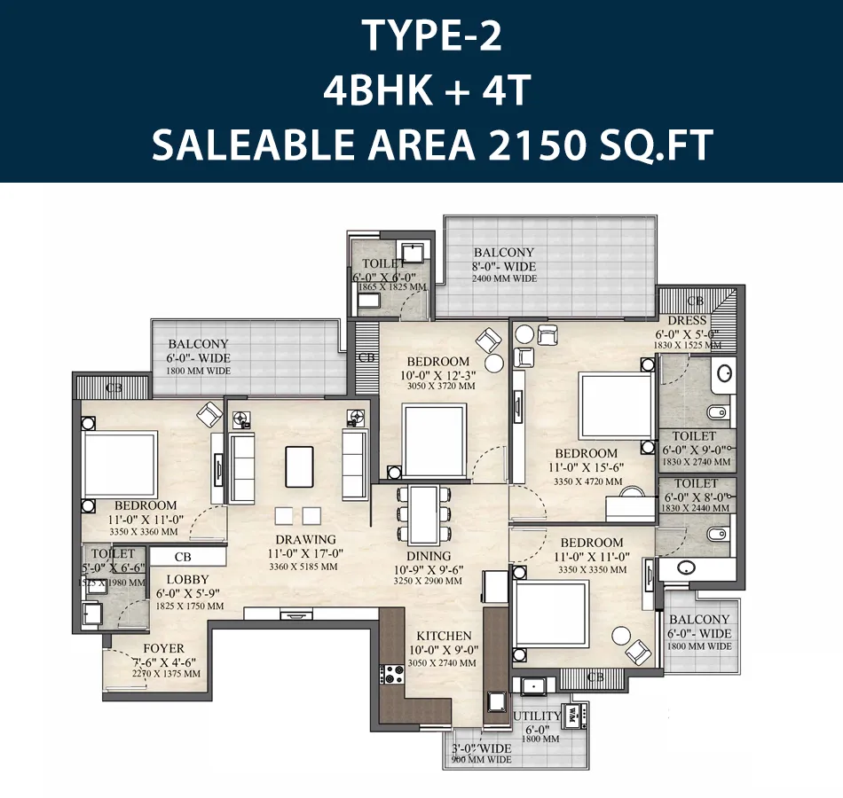 4 BHK + 4T, 2,150 sq. ft. floor plan, Irish Platinum