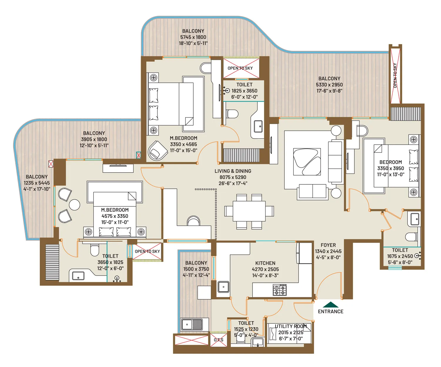 Type D, 3 BHK + 3T + U (2,358 sq. ft.) floor plan, Jade County