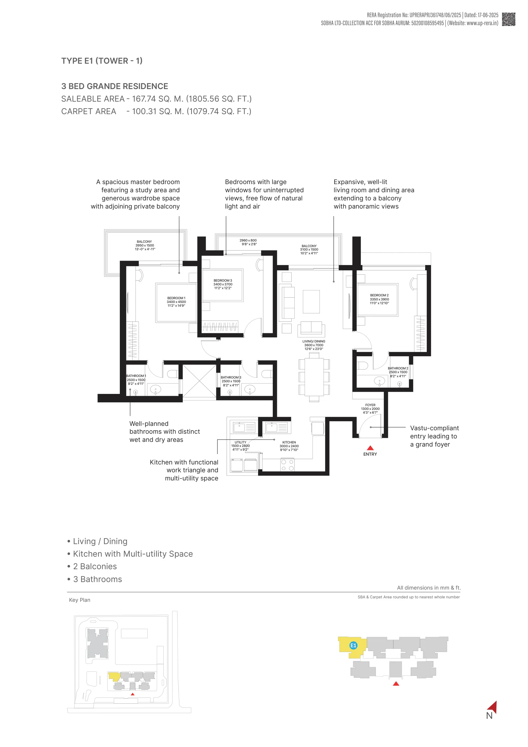 3 Bed Grande Residence, Type E1, Tower 1 (1,806 sq. ft.) floor plan, Sobha Aurum