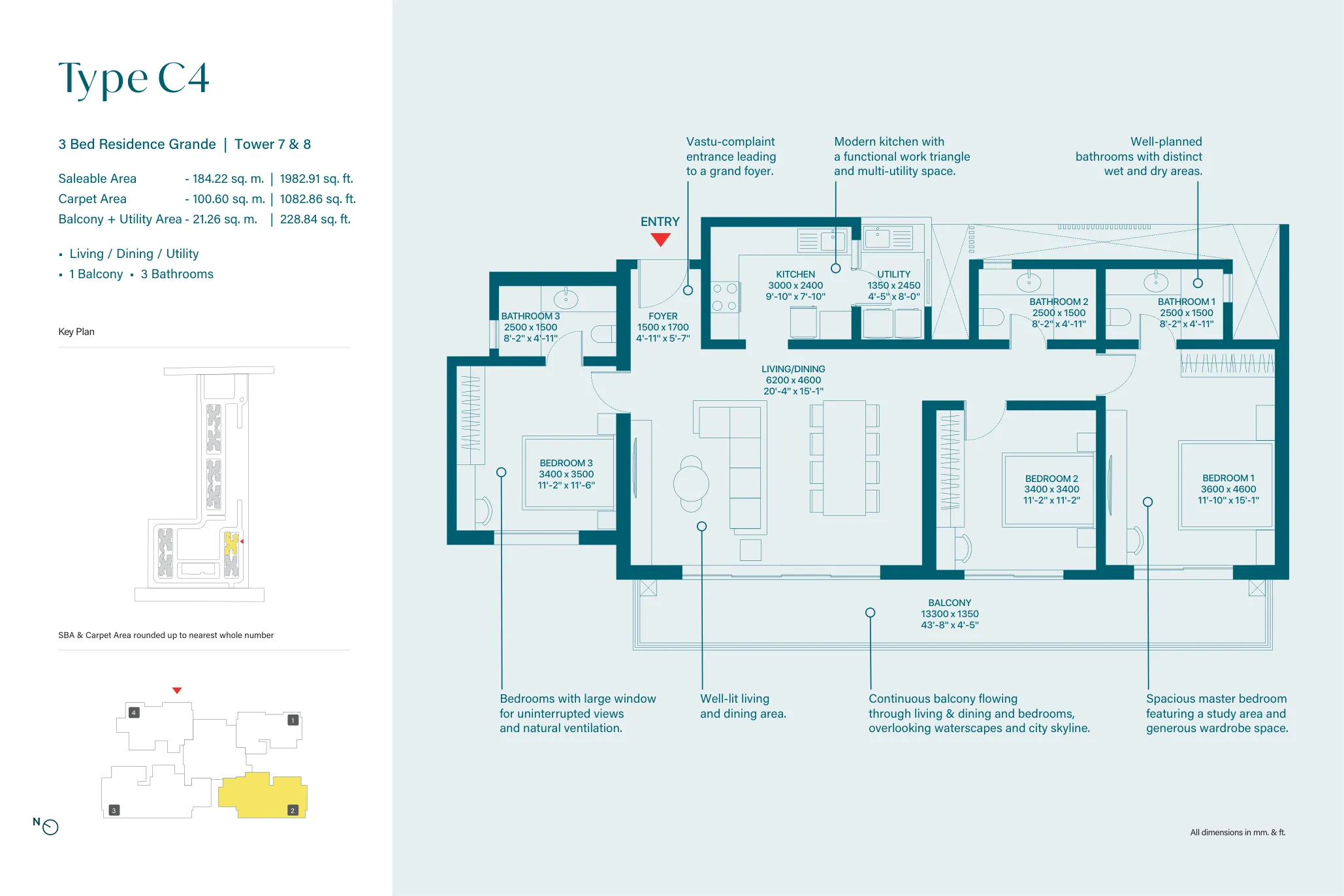 3 Bed Residence Grande, Type C4, Towers 7 & 8 (1,983 sq. ft.) floor plan, Sobha Rivana