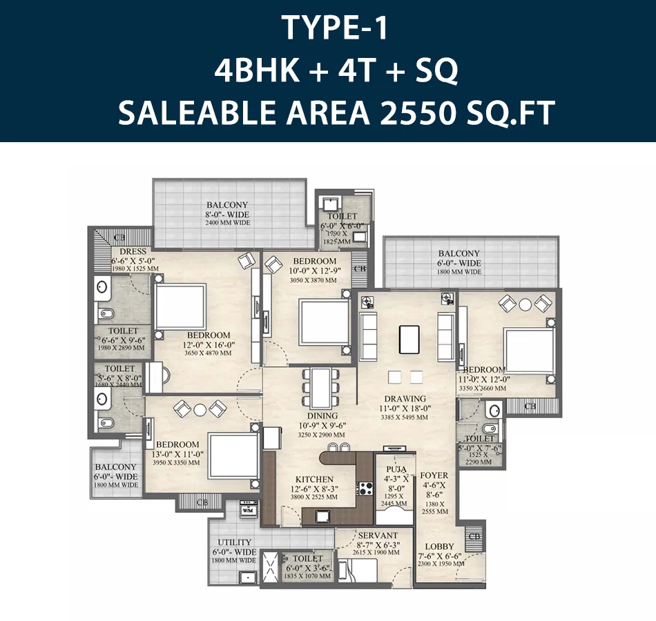 4 BHK + 4T + SQ, 2,550 sq. ft. floor plan, Irish Platinum
