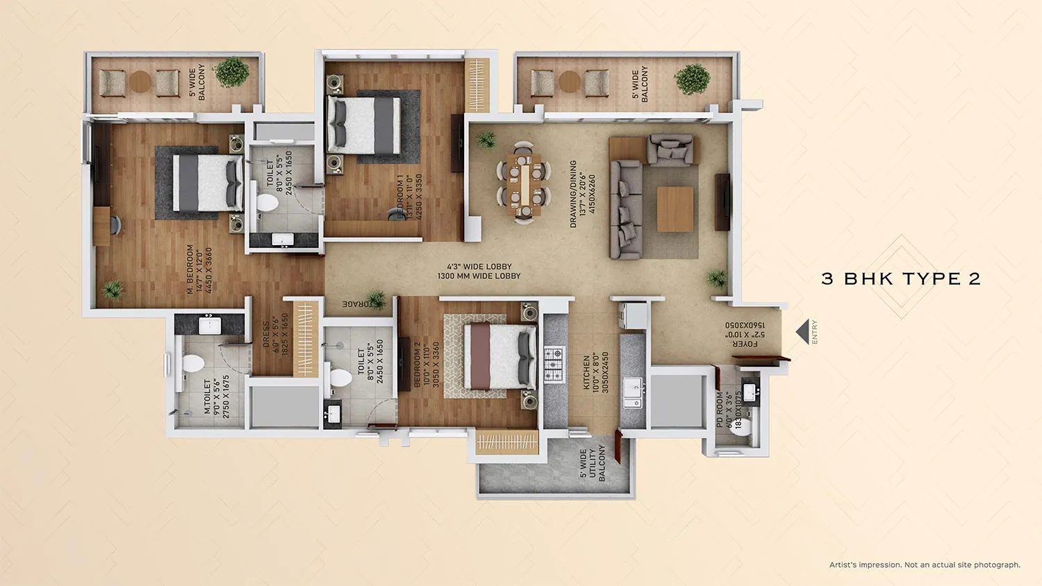 3 BHK Type 2, 164.90 sq. mtr. floor plan, ACE Starlit
