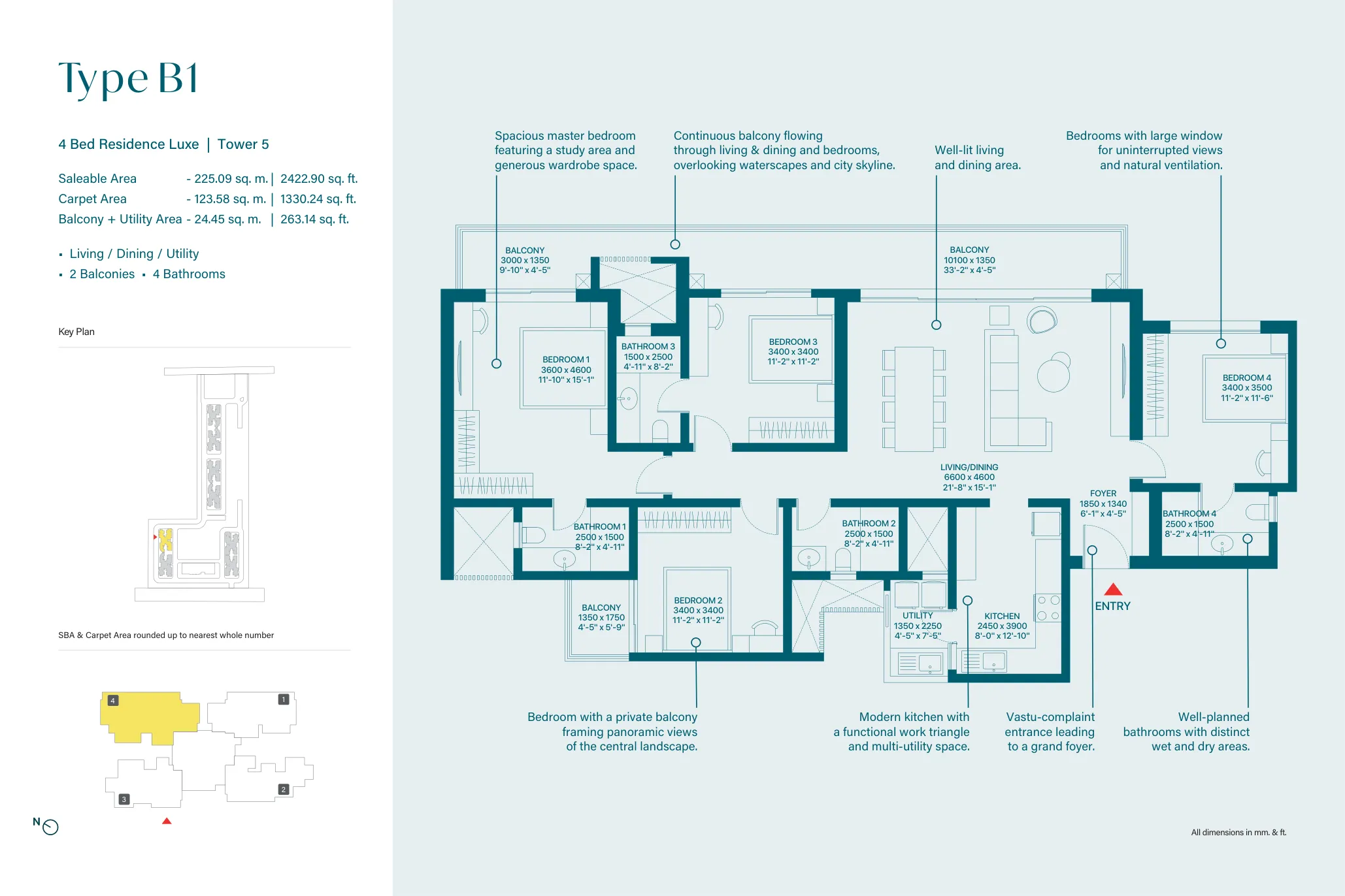 4 Bed Residence Luxe, Type B1, Tower 5 (2,423 sq. ft.) floor plan, Sobha Rivana