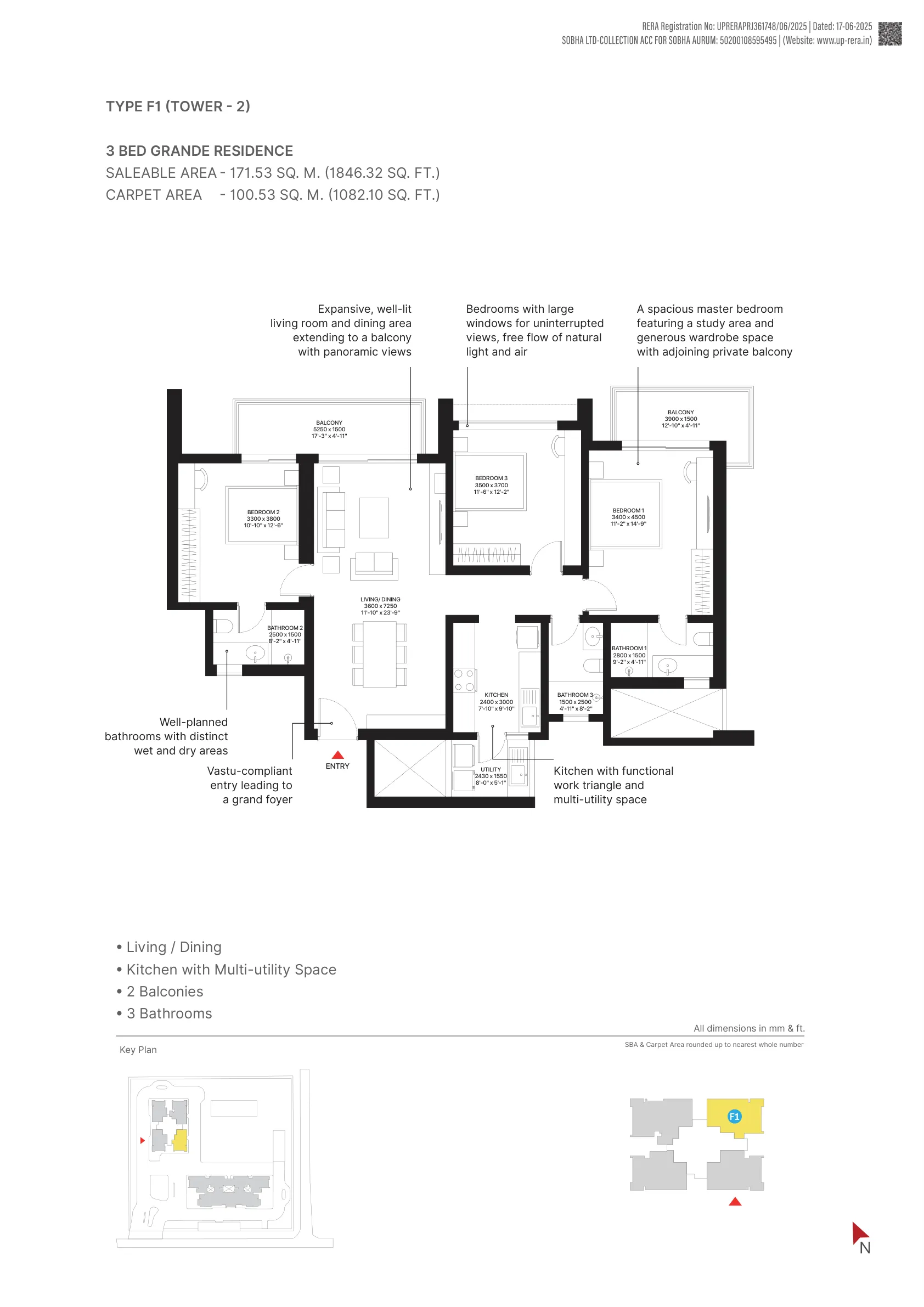 3 Bed Grande Residence, Type F1, Tower 2 (1,846 sq. ft.) floor plan, Sobha Aurum