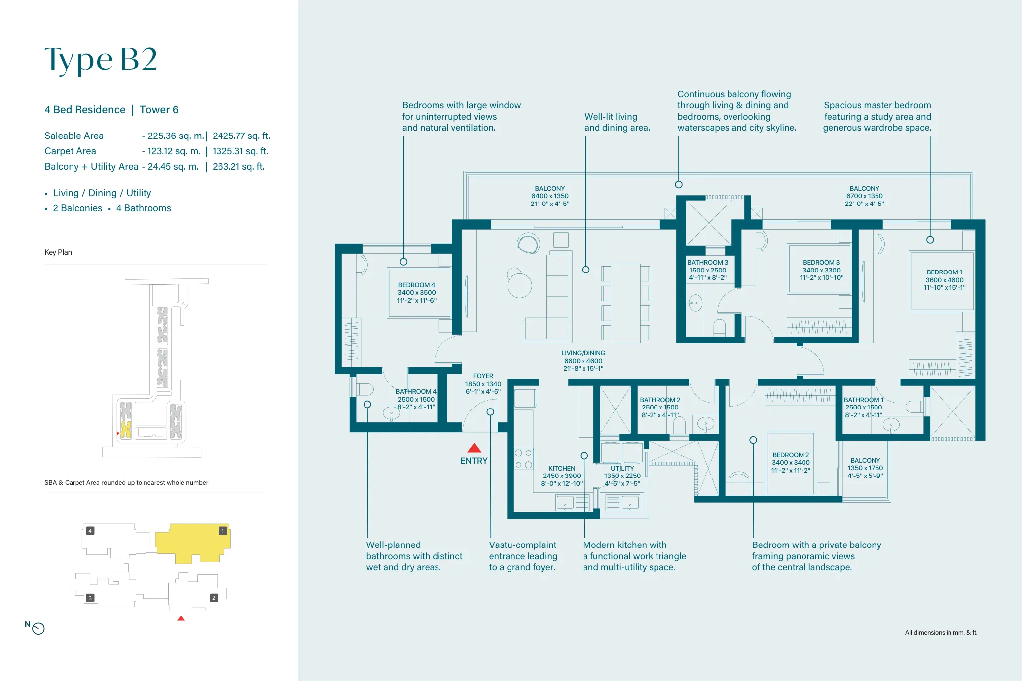 4 Bed Residence, Type B2, Tower 6 (2,426 sq. ft.) floor plan, Sobha Rivana