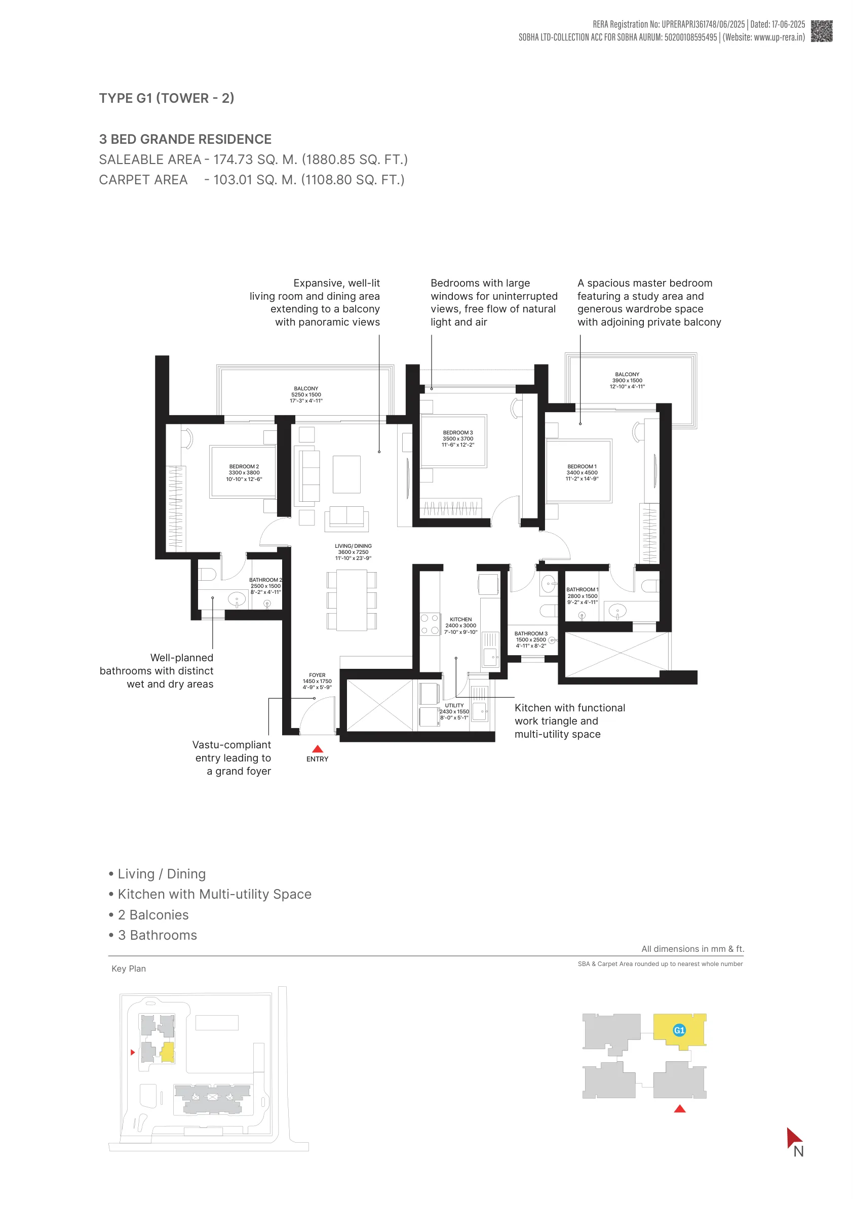 3 Bed Grande Residence, Type G1, Tower 2 (1,881 sq. ft.) floor plan, Sobha Aurum