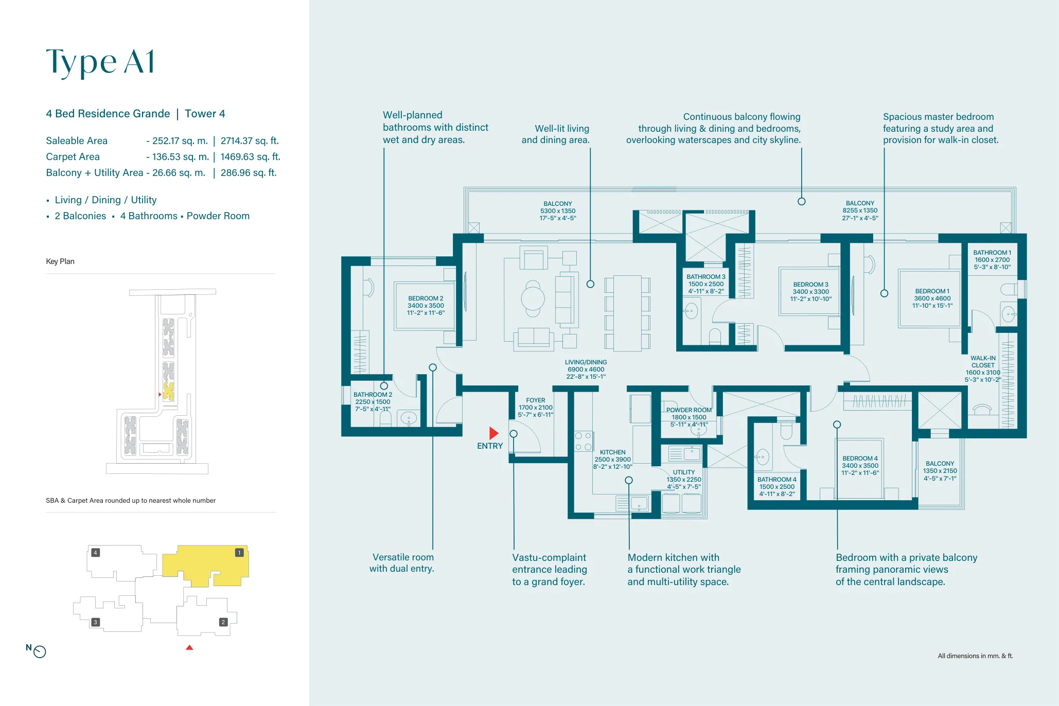 4 Bed Residence Grande, Type A1, Tower 4 (2,714 sq. ft.) floor plan, Sobha Rivana