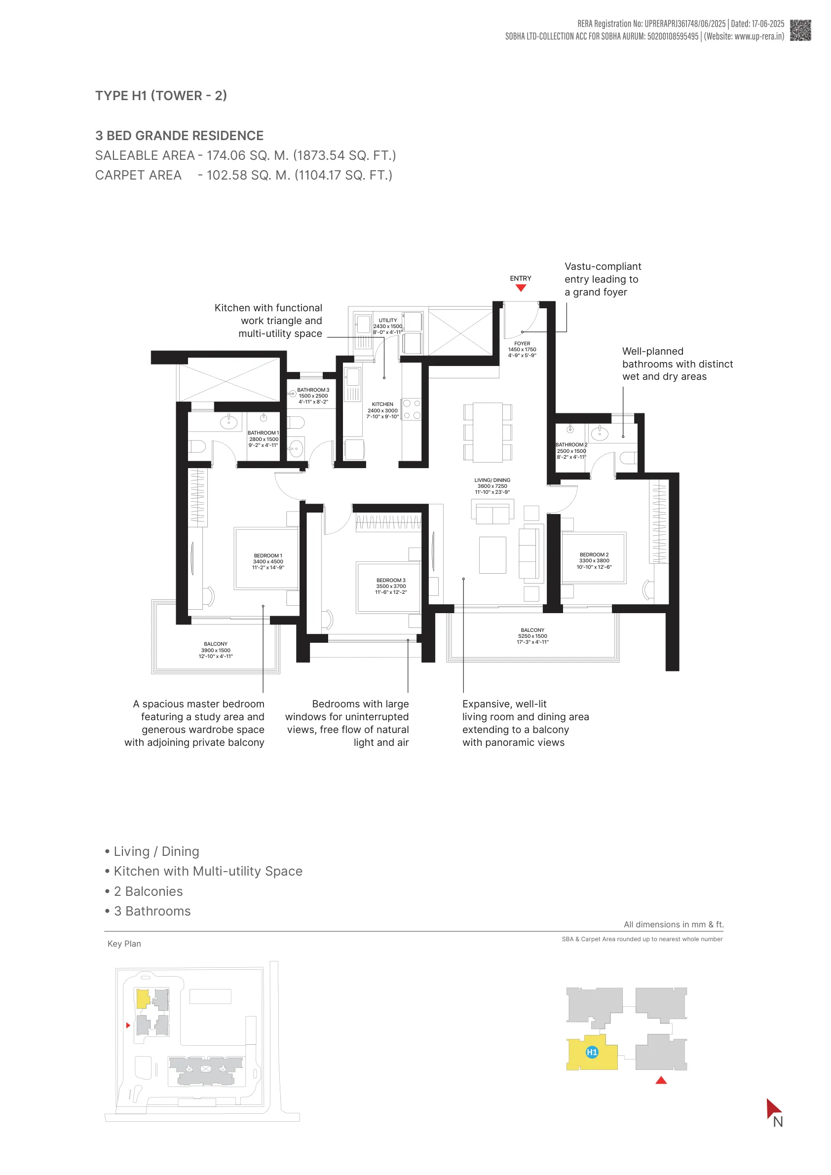 3 Bed Grande Residence, Type H1, Tower 2 (1,874 sq. ft.) floor plan, Sobha Aurum