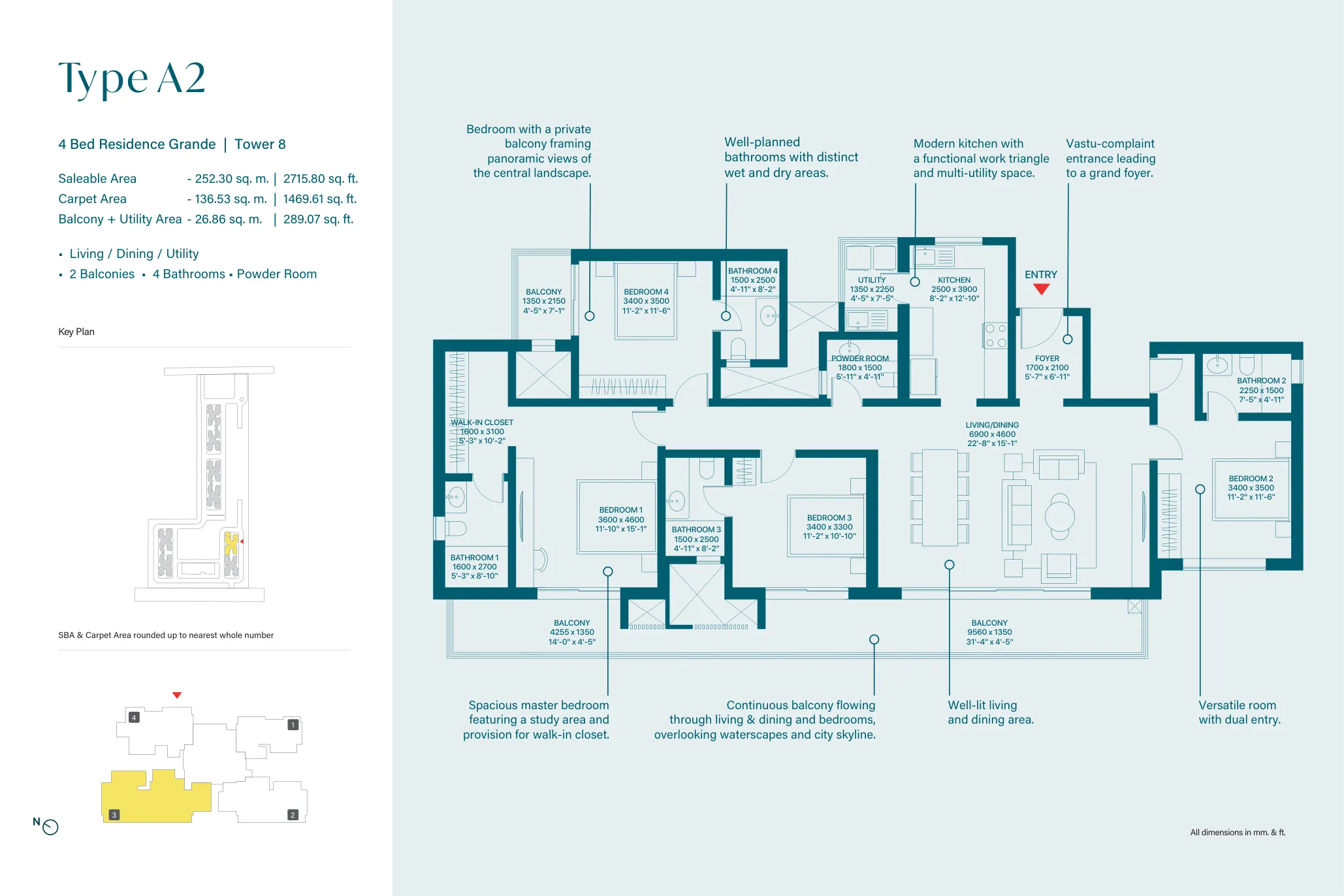 4 Bed Residence Grande, Type A2, Tower 8 (2,716 sq. ft.) floor plan, Sobha Rivana
