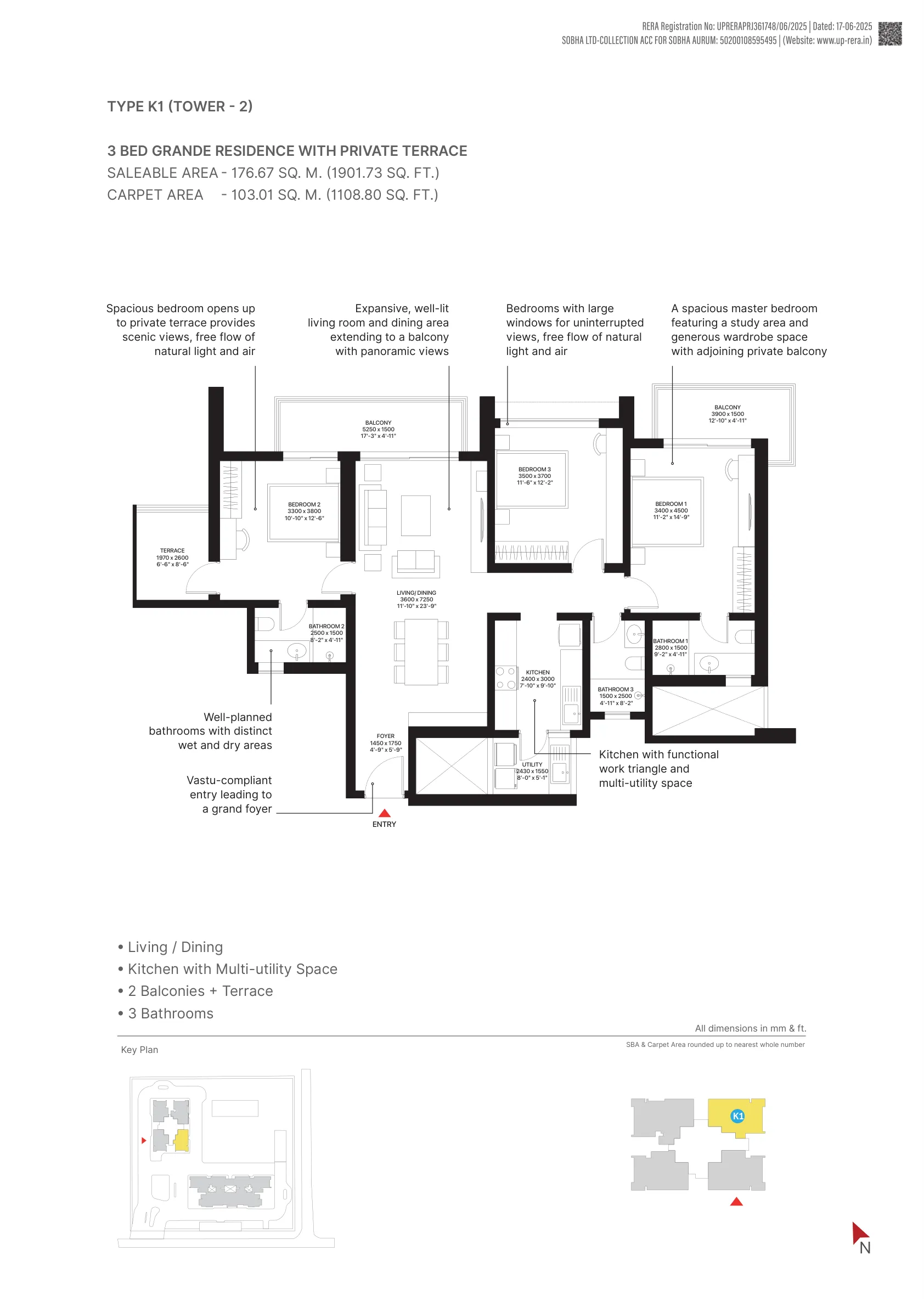 3 Bed Grande Residence with Private Terrace, Type K1, Tower 2 (1,902 sq. ft.) floor plan, Sobha Aurum
