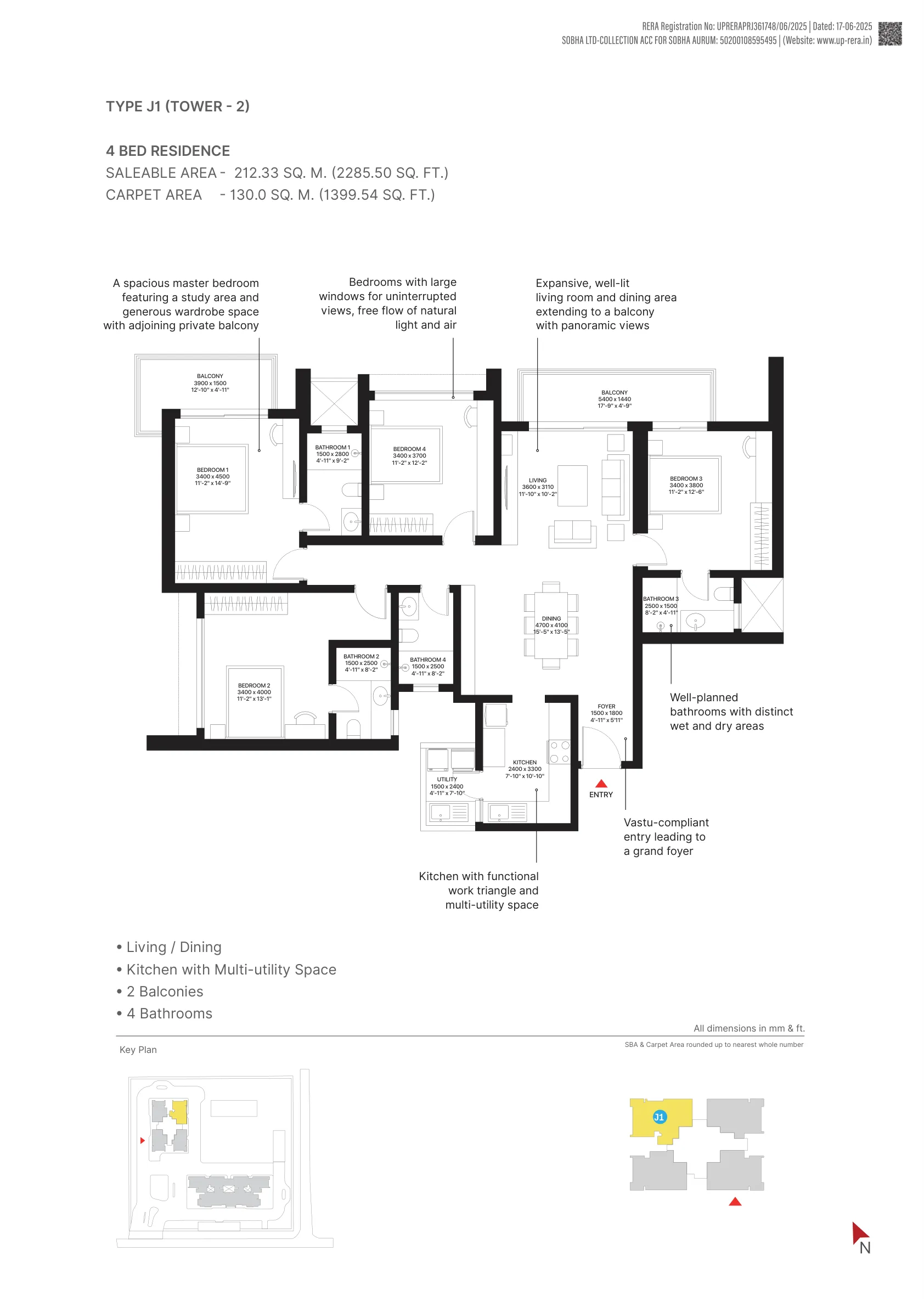 4 Bed Residence, Type J1, Tower 2 (2,286 sq. ft.) floor plan, Sobha Aurum