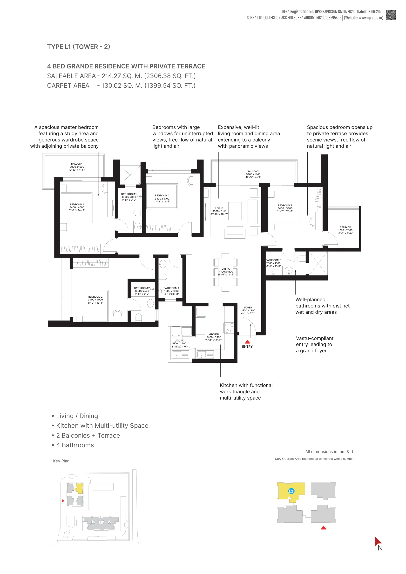 4 Bed Grande Residence with Private Terrace, Type L1, Tower 2 (2,306 sq. ft.) floor plan, Sobha Aurum