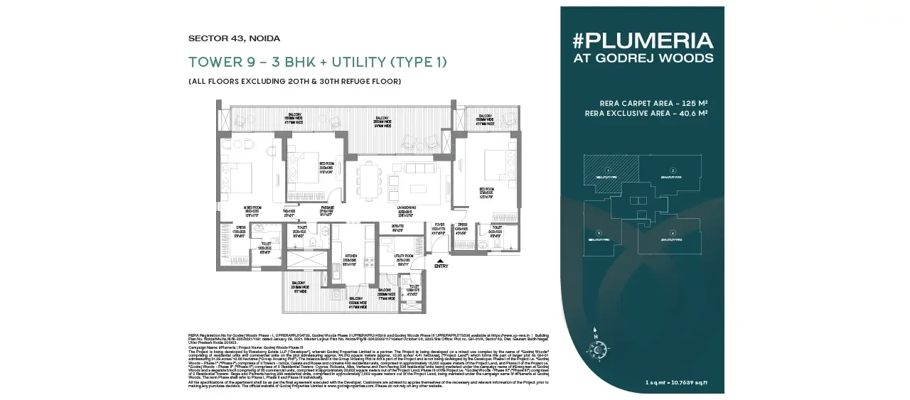 Unit Plan 3 BHK floor plan, Godrej Woods