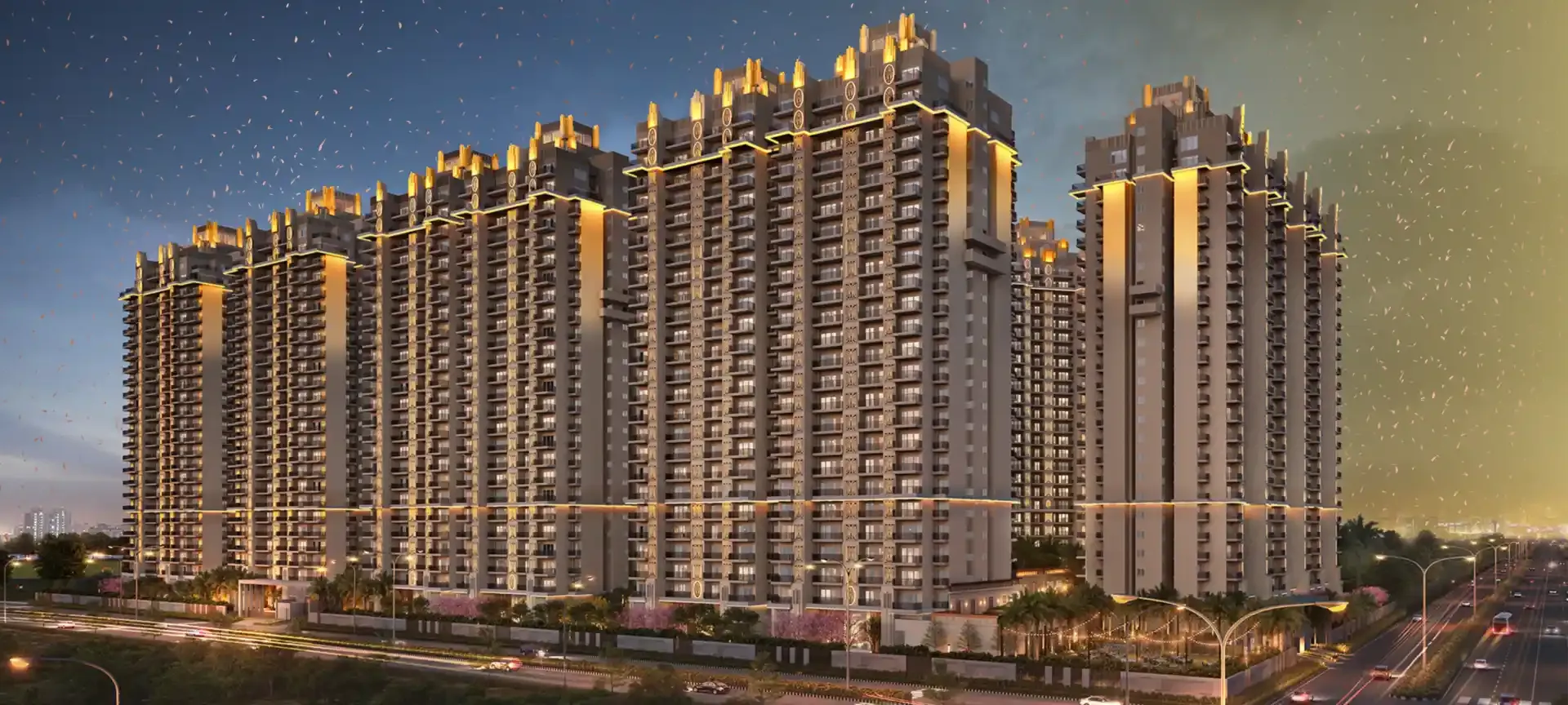 Evening render of the ACE Terra towers on the Yamuna Expressway at Sector 22D, Greater Noida.