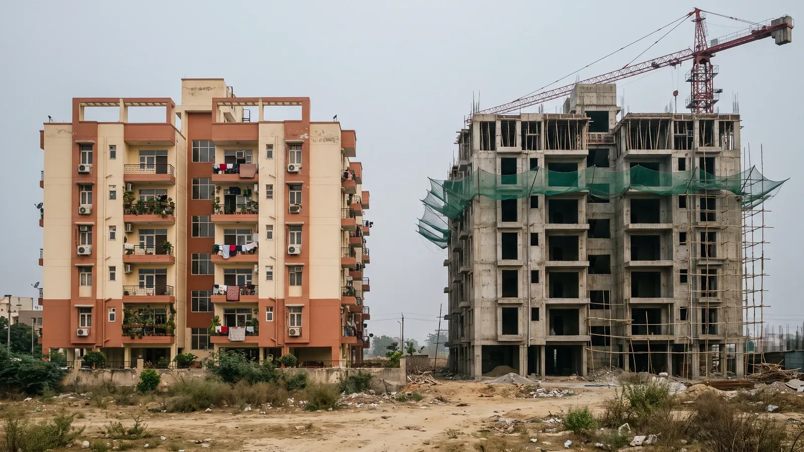 Two apartment blocks side by side. The one on the left is finished and occupied, with washing and plants on the balconies. The one on the right is a bare concrete frame wrapped in green safety netting, with a crane standing over it.