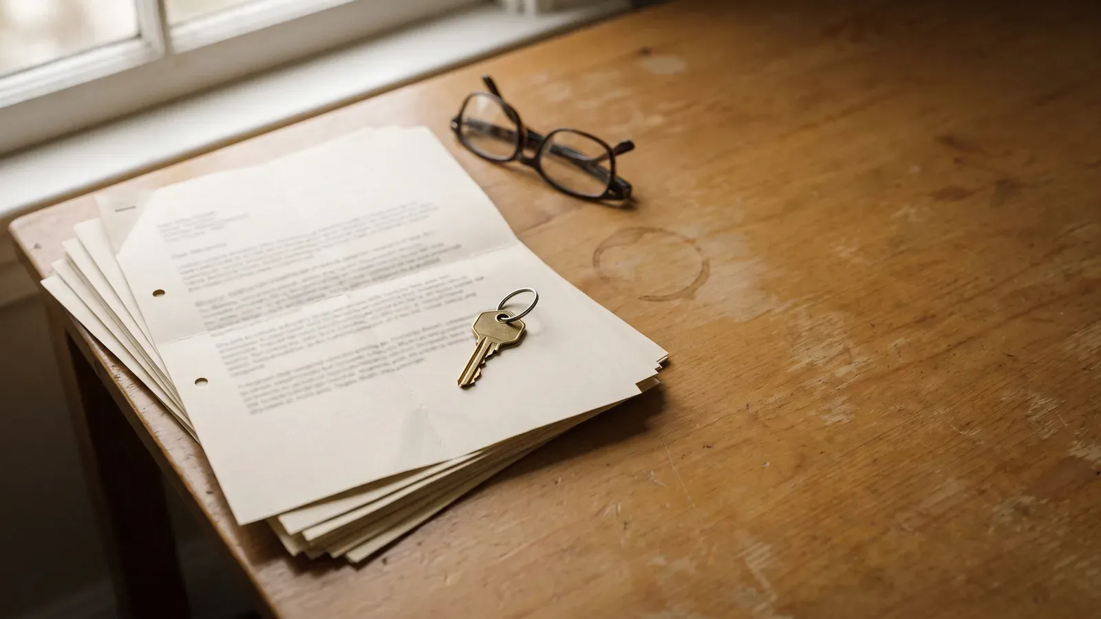A stack of property papers on a wooden desk by a window, a pair of reading glasses beside them and a single brass door key resting on top.