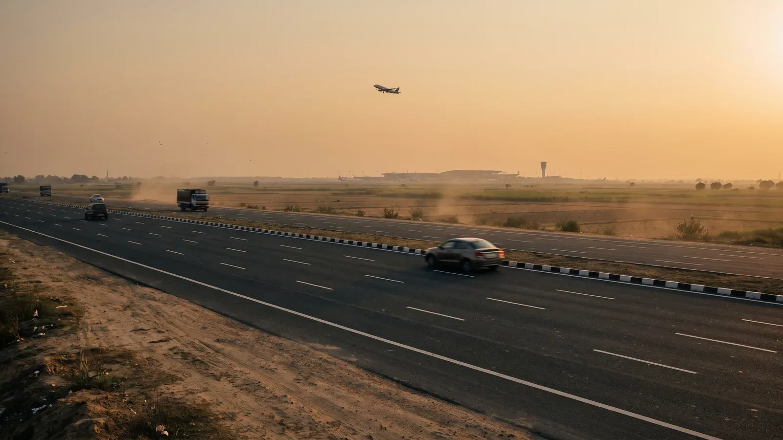 A wide expressway running through open farmland in the evening haze, with the low outline of an airport terminal and control tower on the horizon and an airliner climbing above it.
